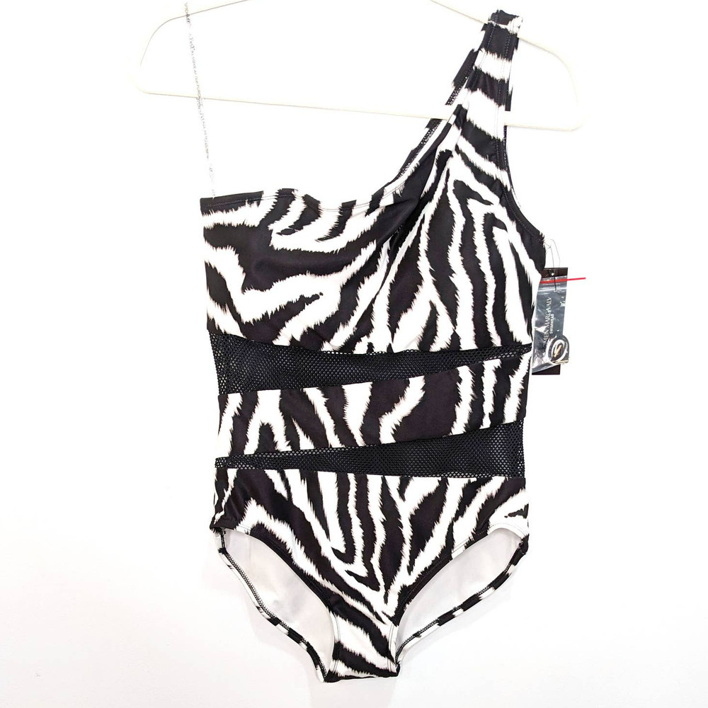 New Carmen Marc Valvo Swimsuit Womens 12 One Piece One Shoulder Black White Mesh